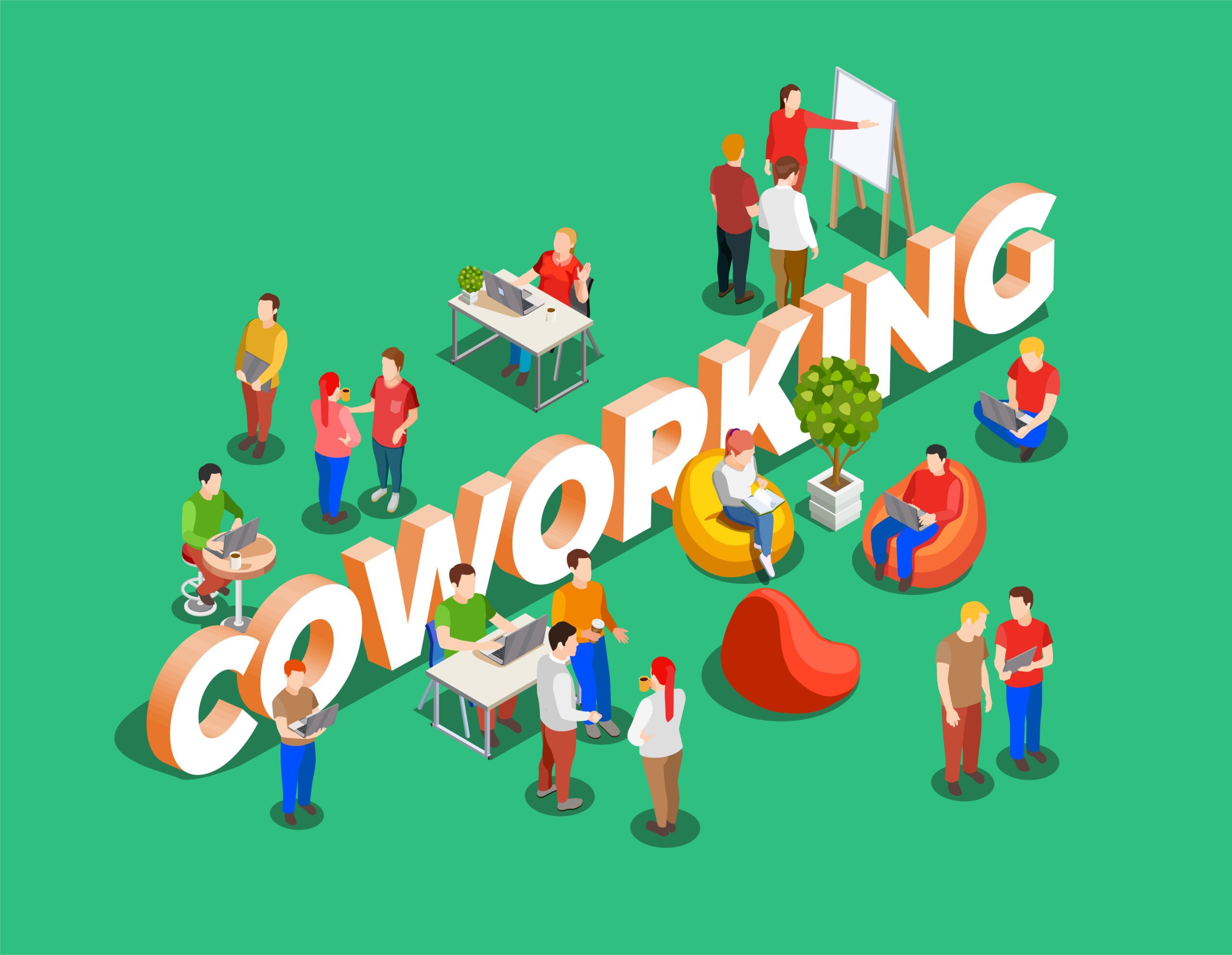 Coworking people isometric composition with figures of freelance worker characters and cumbersome text on green background vector illustration
